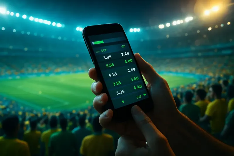 Mãos com smartphone exibindo odds ao vivo no Maracanã lotado à noite