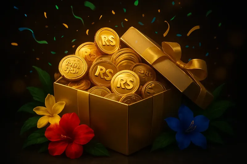 Caixa presente dourada com moedas de Real, fichas e confetes de Carnaval