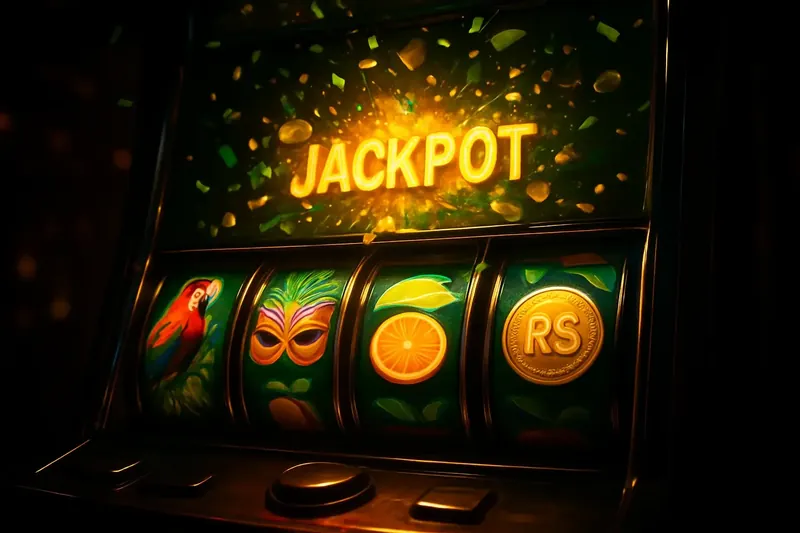 Caça-níqueis brasileiro com símbolos tropicais e jackpot em confetes verde e dourado