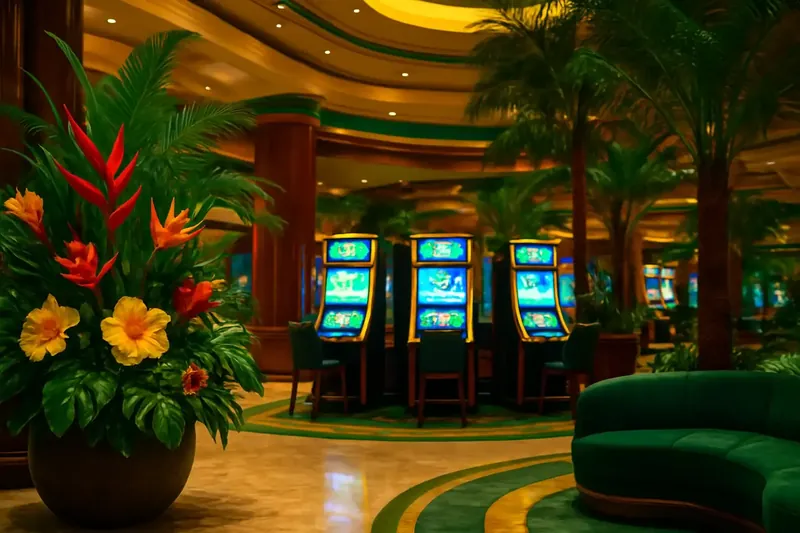 Lobby de cassino elegante com decoração tropical brasileira e telas de jogos