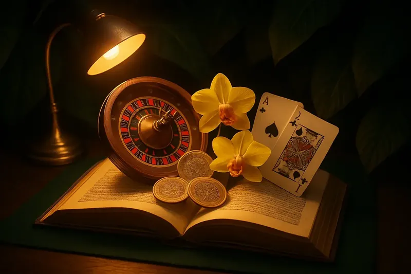 Livro aberto brilhante com roleta, slots, blackjack, moedas de real e orquídeas
