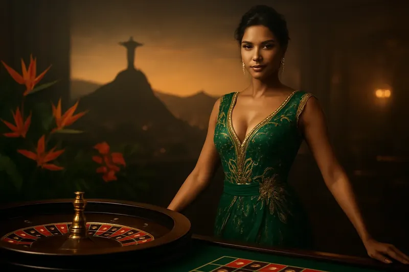 Mulher brasileira elegante ao lado da roleta com Rio ao fundo