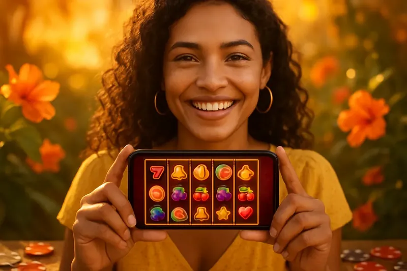 Jogador brasileiro segurando smartphone com caça-níqueis online e fichas coloridas