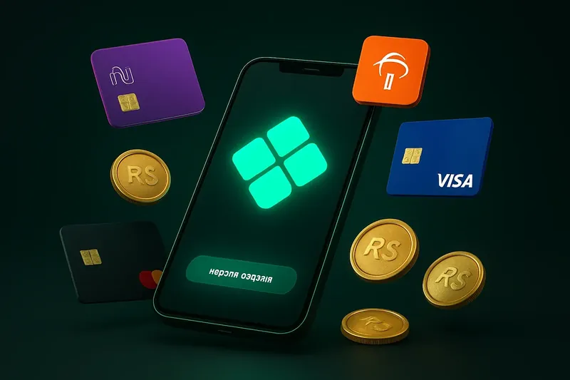 Smartphone com depósito instantâneo, cartões e moedas de real em 3D
